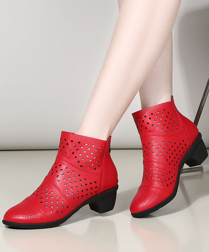 Fashion Red Chunky Cowhide Leather Hollow Out Splicing Boots