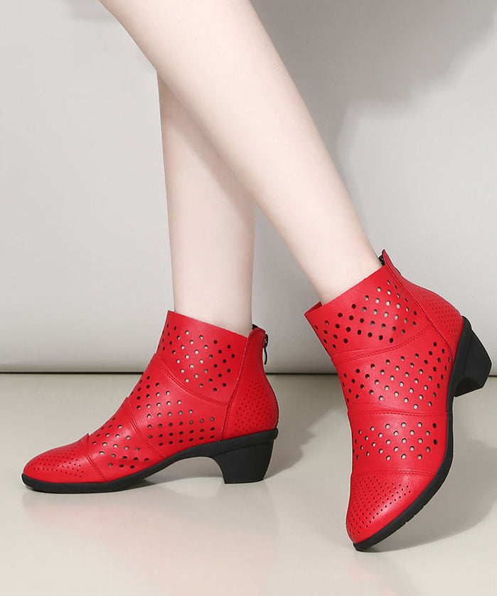Fashion Red Chunky Cowhide Leather Hollow Out Splicing Boots