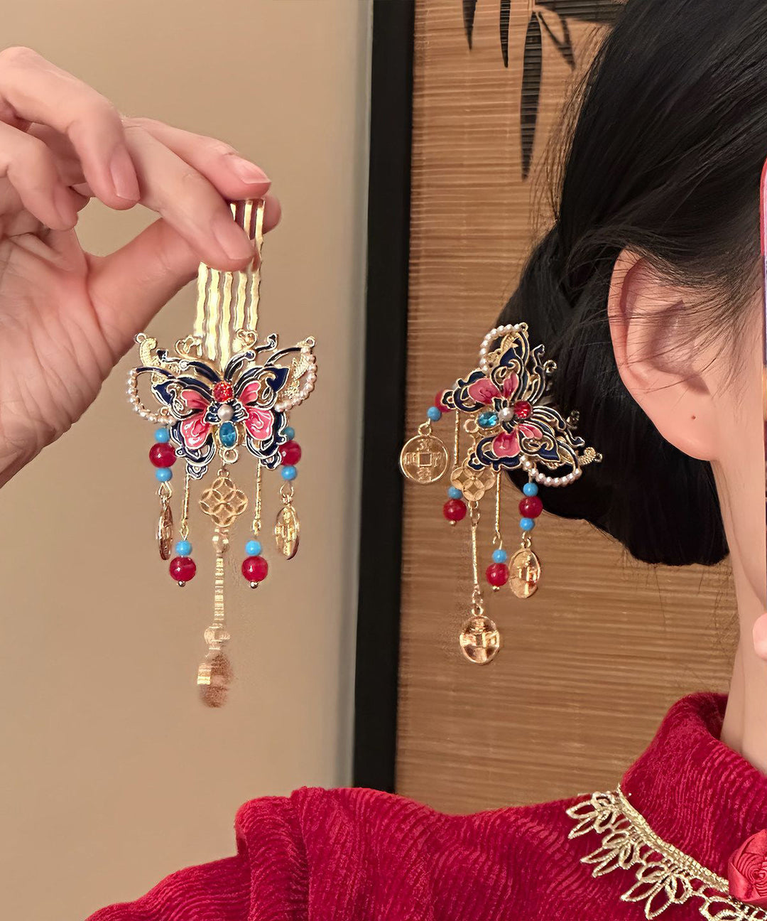 Fashion Red Copper Alloy Butterfly Tassel Single Hairpin