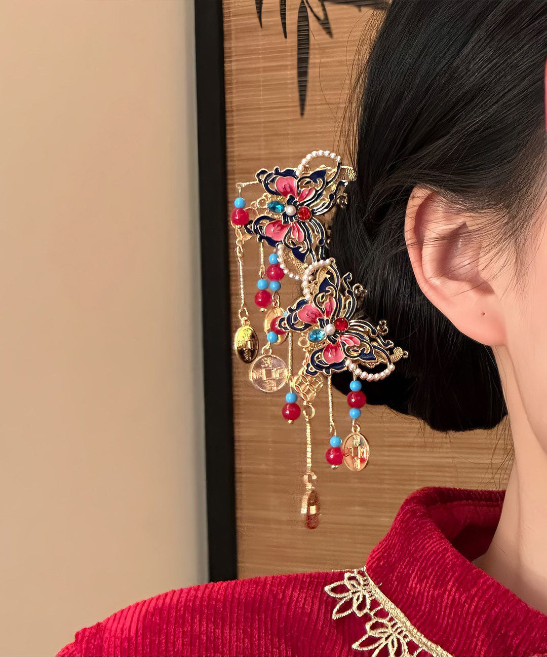 Fashion Red Copper Alloy Butterfly Tassel Single Hairpin