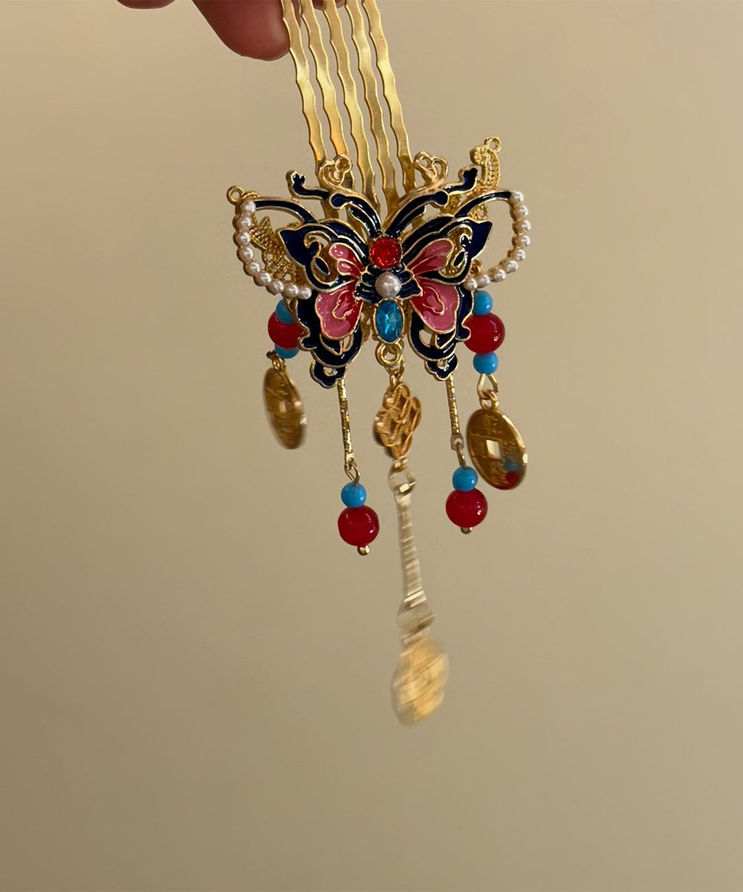 Fashion Red Copper Alloy Butterfly Tassel Single Hairpin