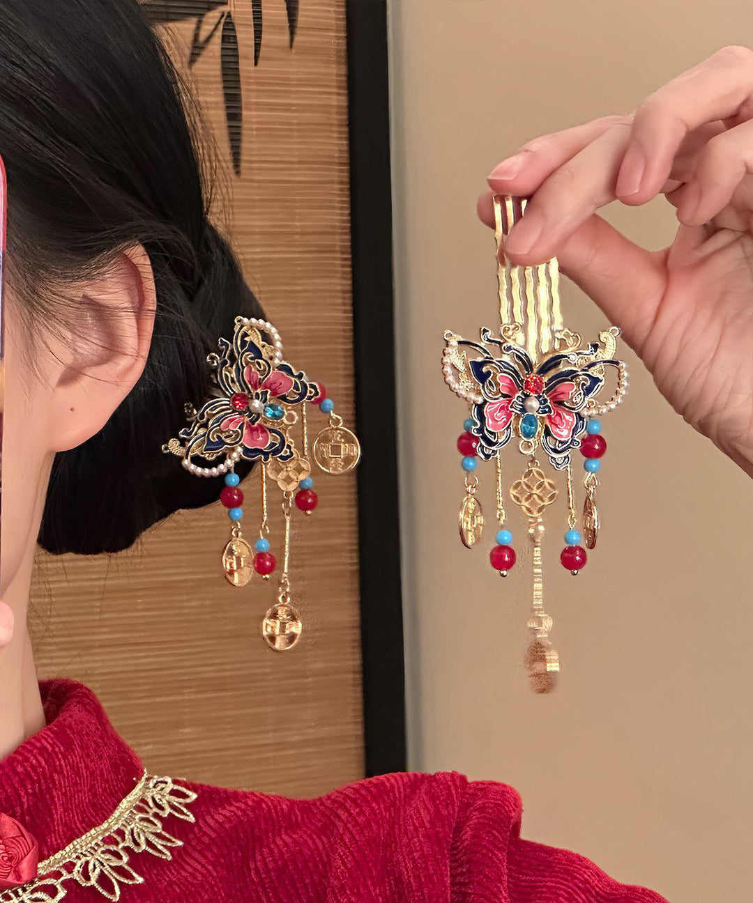 Fashion Red Copper Alloy Butterfly Tassel Single Hairpin