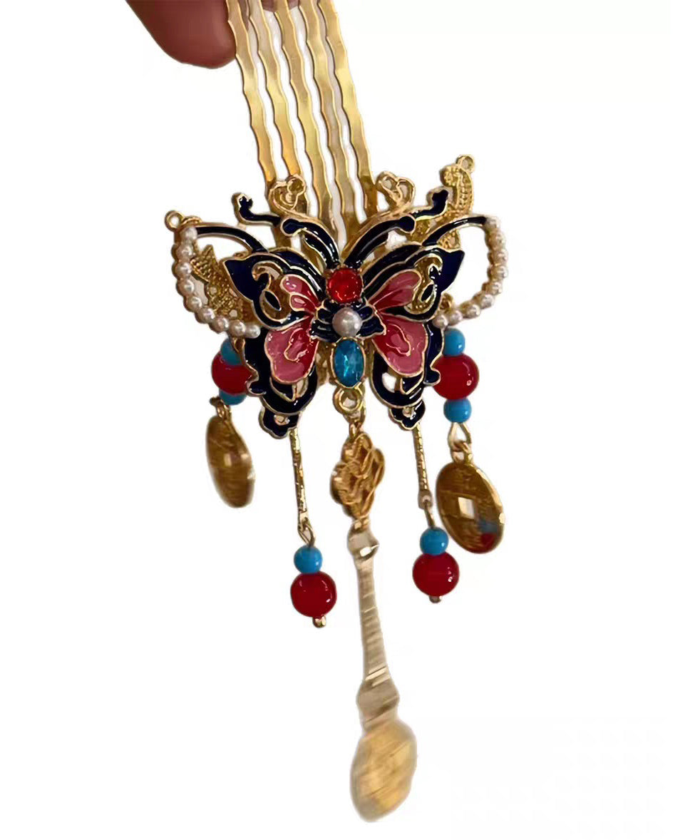 Fashion Red Copper Alloy Butterfly Tassel Single Hairpin