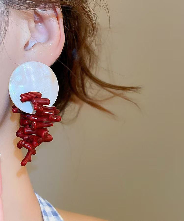 Fashion Red Copper Alloy Shell Resin Drop Earrings