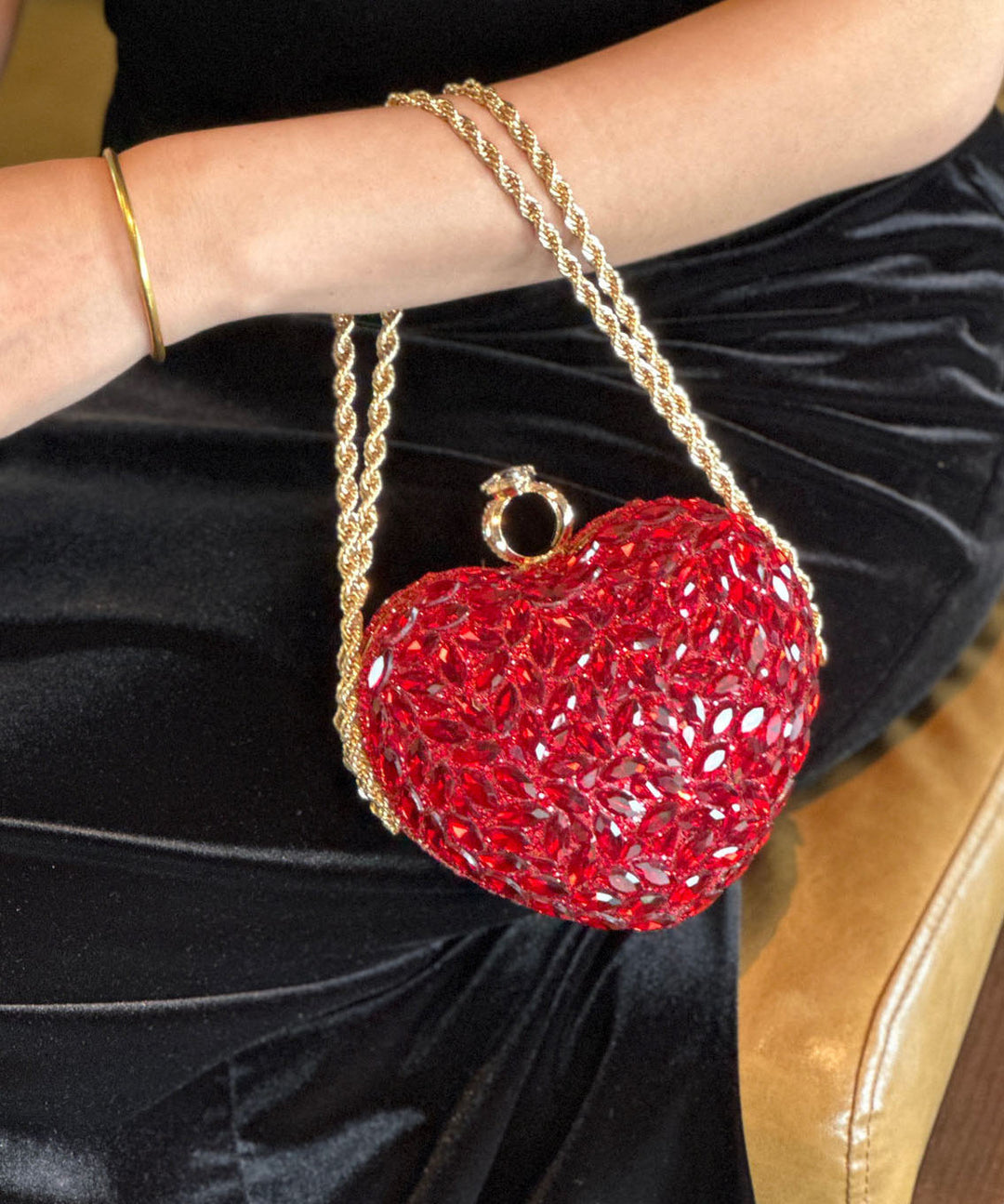 Fashion Red Diamond Studded Heart-Shaped Chain Crossbody Bag