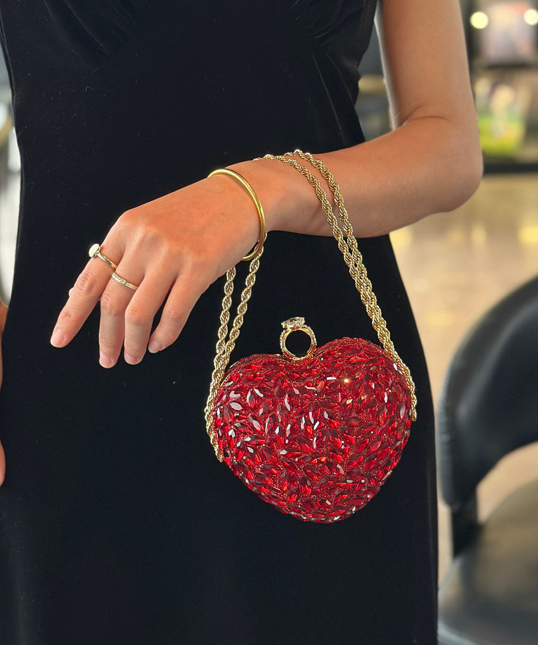 Fashion Red Diamond Studded Heart-Shaped Chain Crossbody Bag