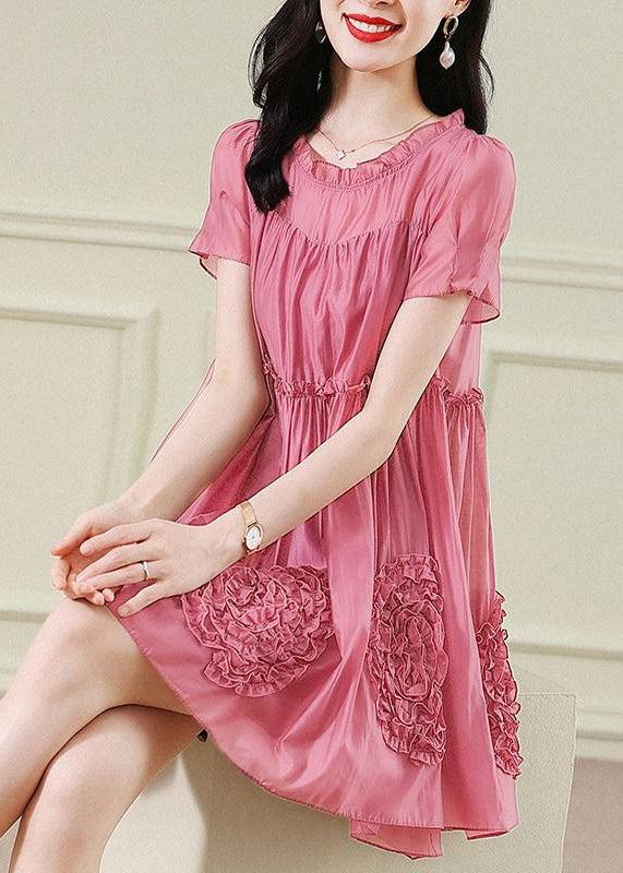 Fashion Red Floral Ruffled Chiffon Mid Dresses Short Sleev