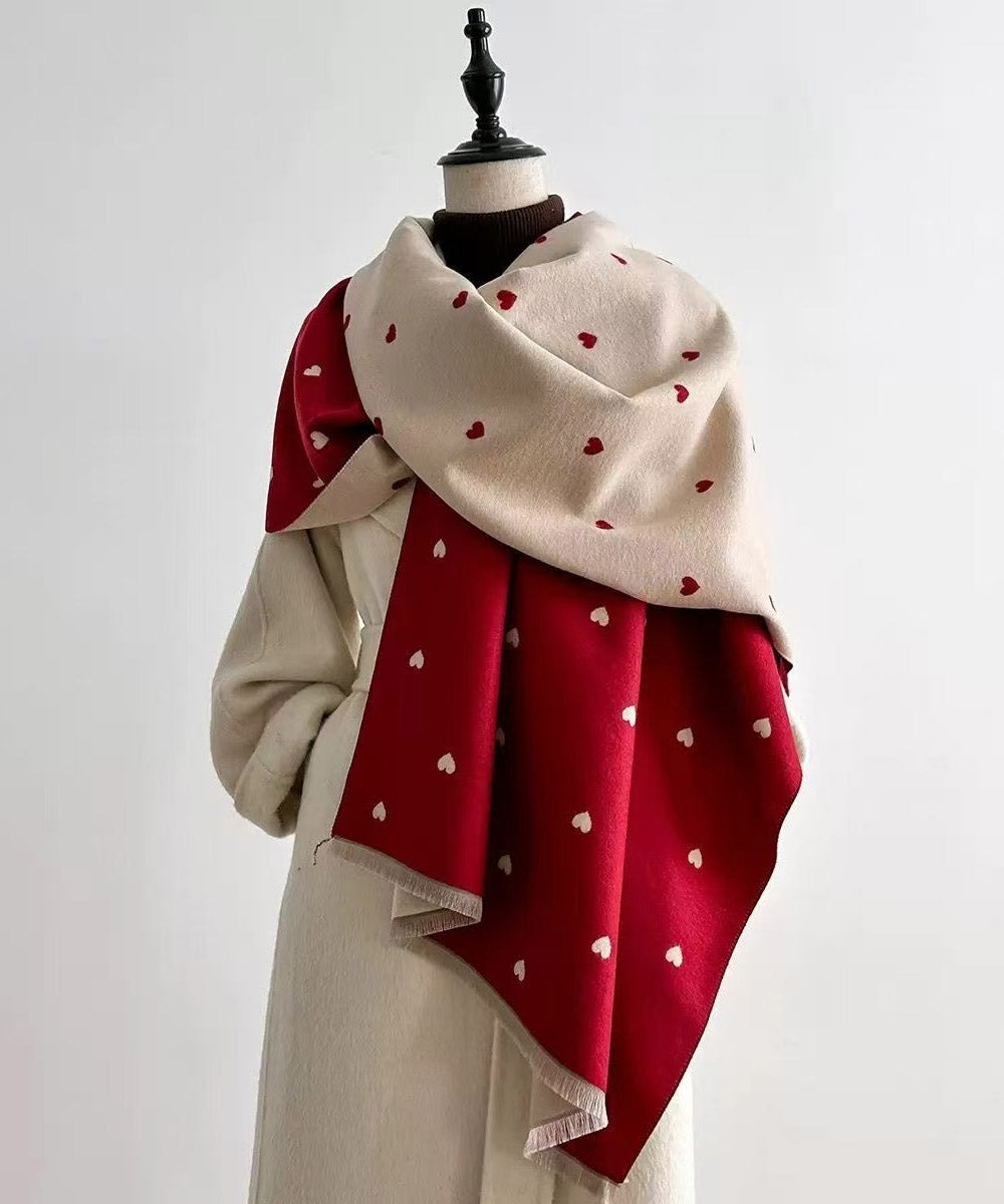 Fashion Red Heart Print Wear On Both Sides Faux Cashmere Scarf