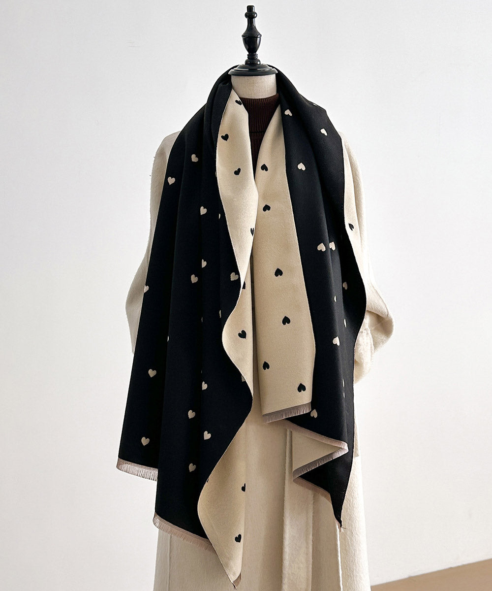 Fashion Red Heart Print Wear On Both Sides Faux Cashmere Scarf