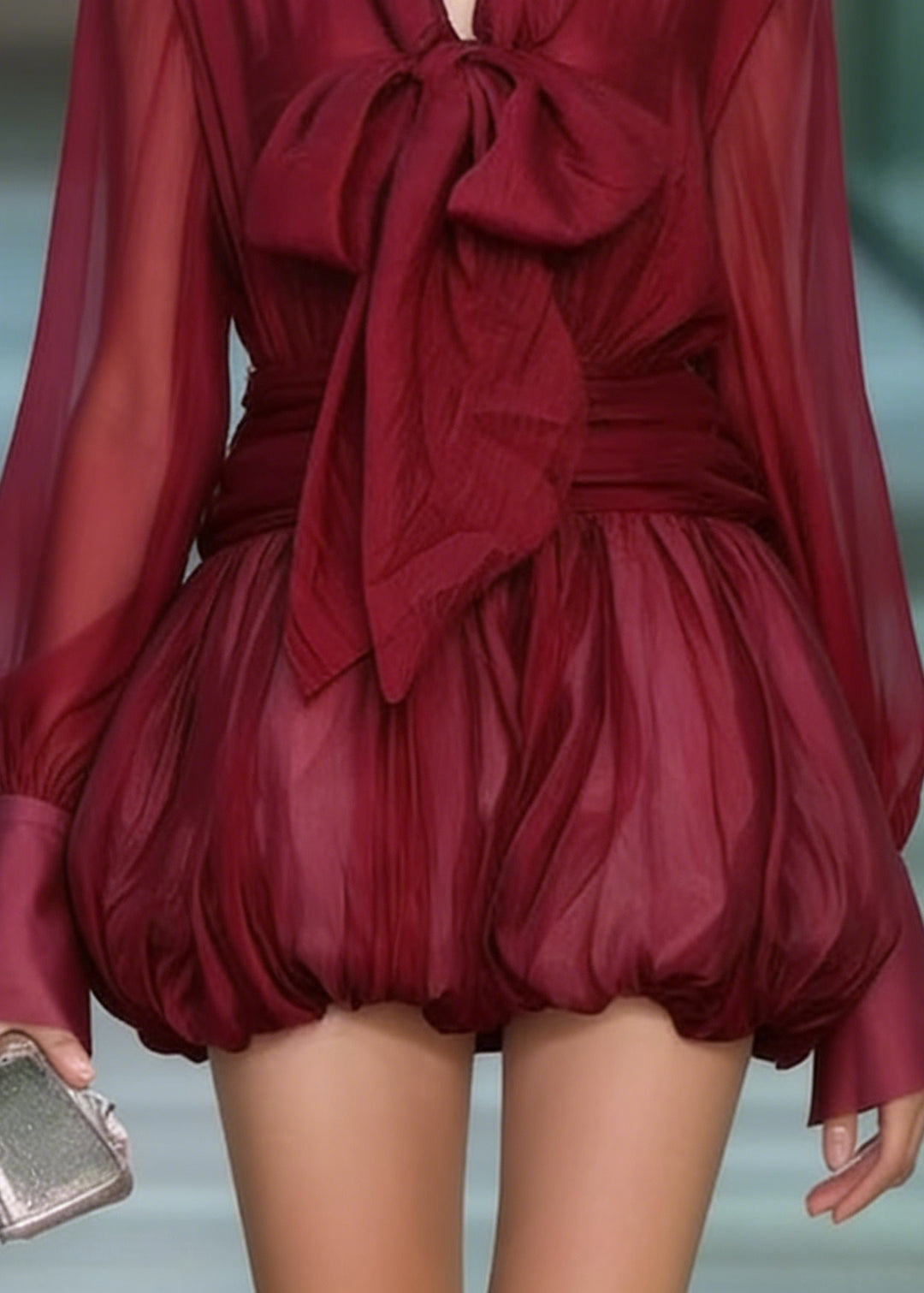 Fashion Red Lace Up Patchwork Chiffon Mini Dress Spring