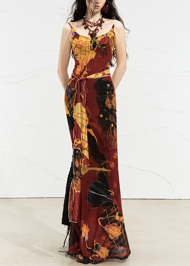 Fashion Red O-Neck Long Spaghetti Strap Dress Sleeveless
