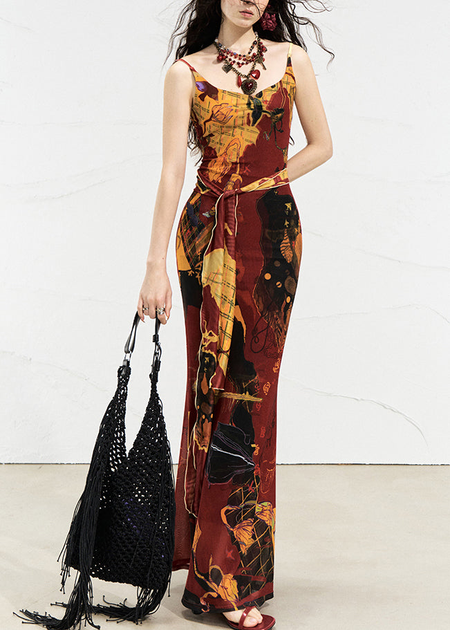 Fashion Red O-Neck Long Spaghetti Strap Dress Sleeveless