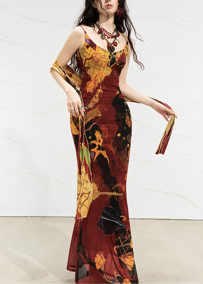 Fashion Red O-Neck Long Spaghetti Strap Dress Sleeveless