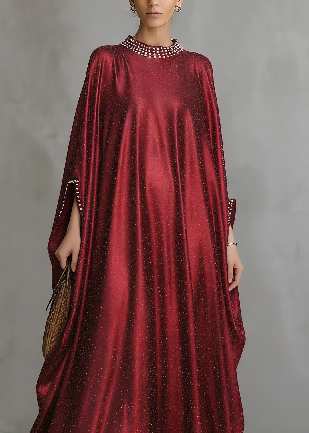 Fashion Red Patchwork Silk Maxi Dress Flare Sleeve