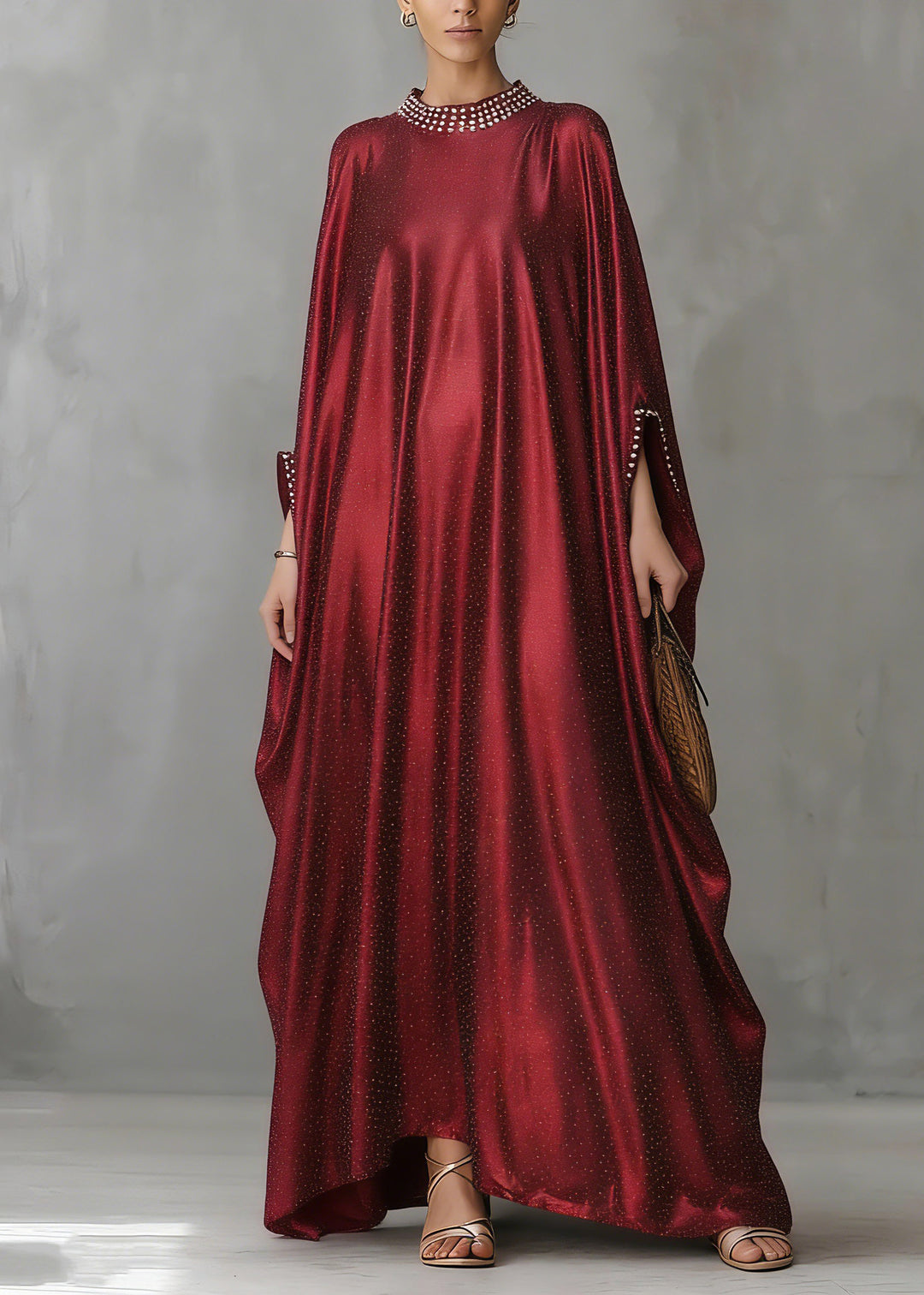 Fashion Red Patchwork Silk Maxi Dress Flare Sleeve