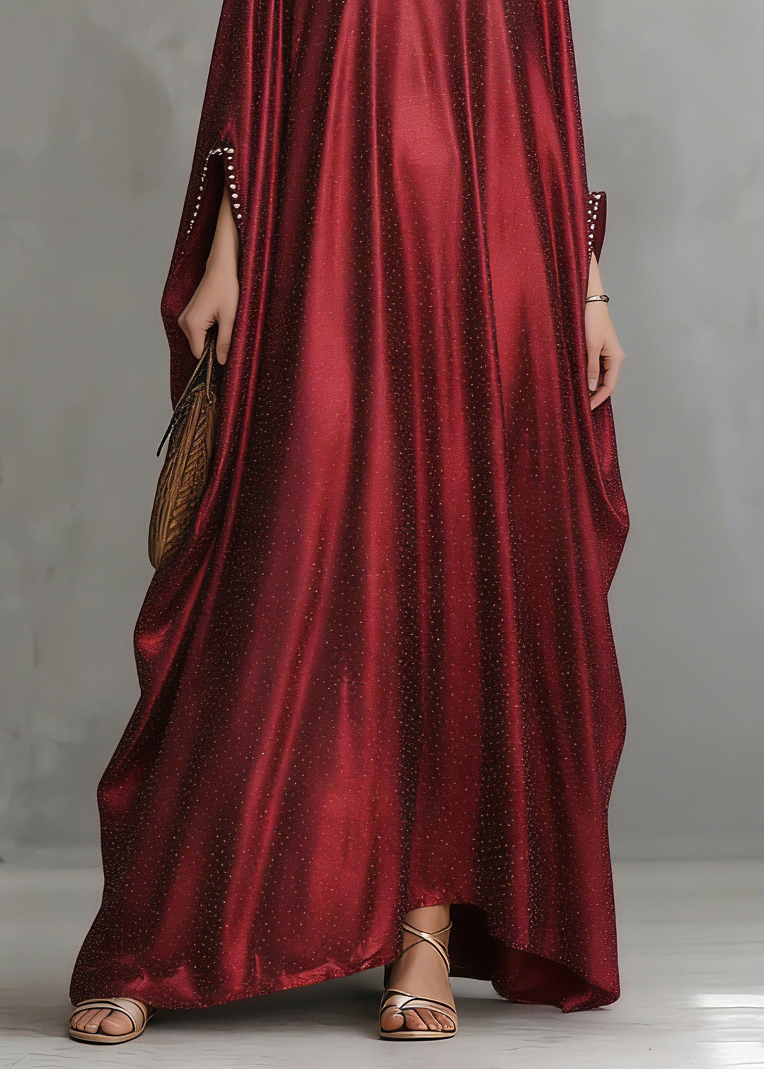 Fashion Red Patchwork Silk Maxi Dress Flare Sleeve