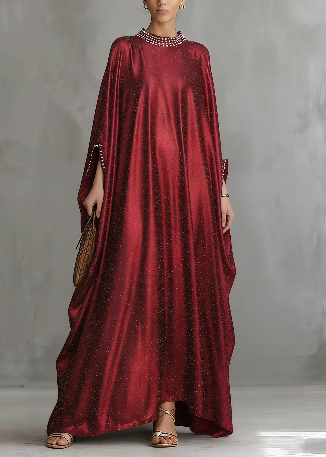 Fashion Red Patchwork Silk Maxi Dress Flare Sleeve