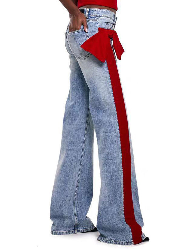 Fashion Red Pockets Bow Patchwork Denim Pants Fall