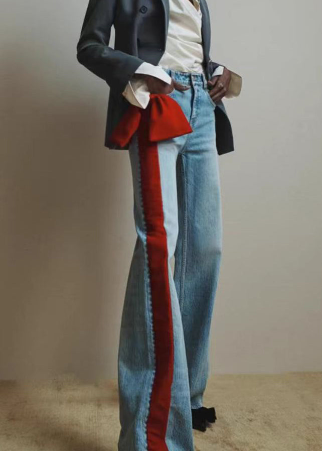 Fashion Red Pockets Bow Patchwork Denim Pants Fall