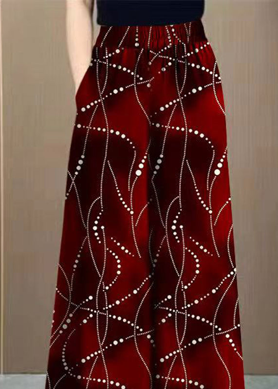 Fashion Red Print High Waist Draping Ice Silk Wide Leg Pants