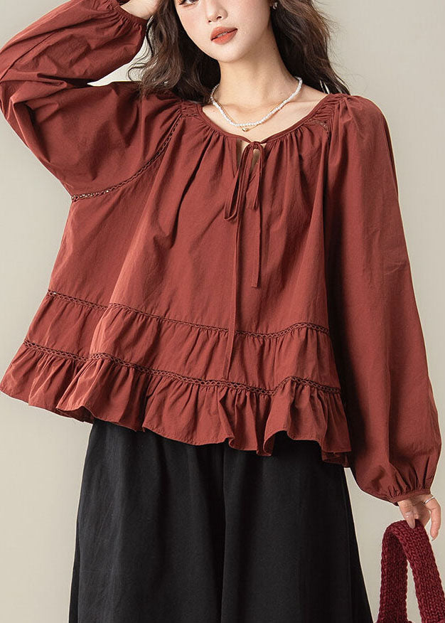 Fashion Red Ruffled Hollow Out Shirt Fall