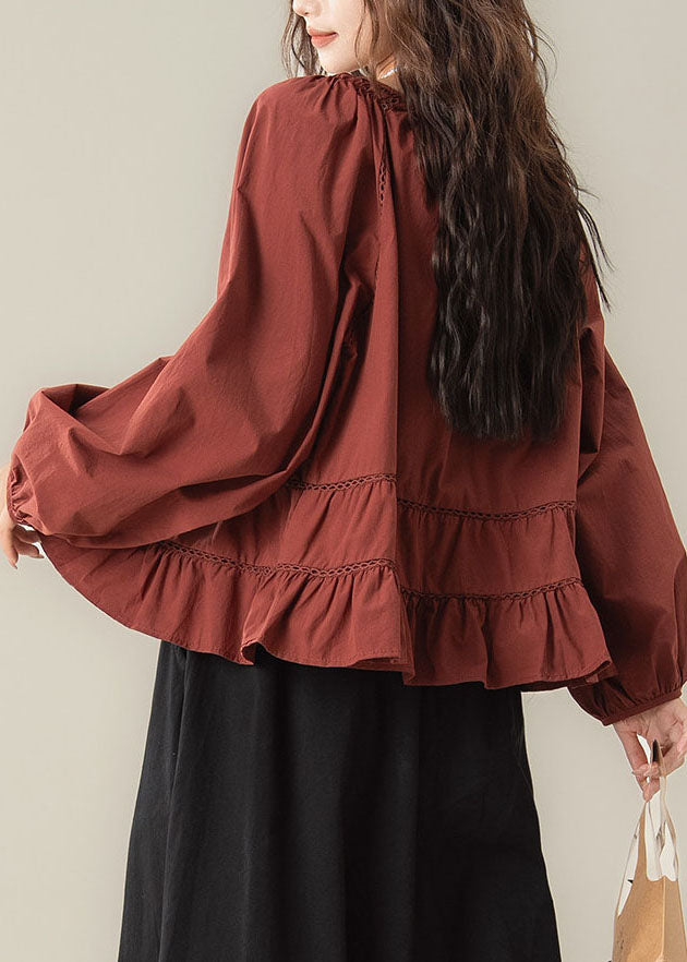 Fashion Red Ruffled Hollow Out Shirt Fall