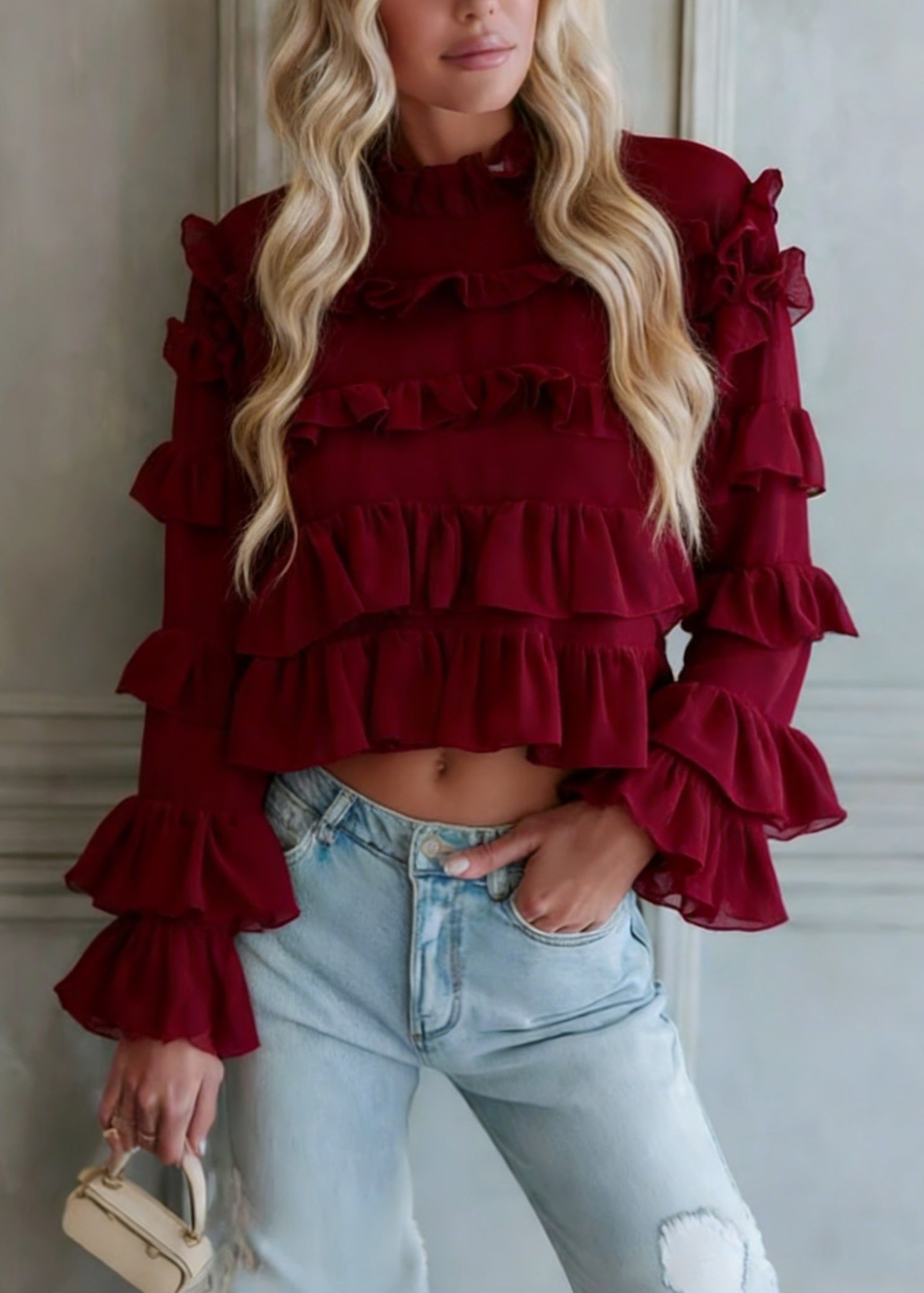 Fashion Red Ruffled Patchwork Chiffon Blouse Top Spring - Omychic