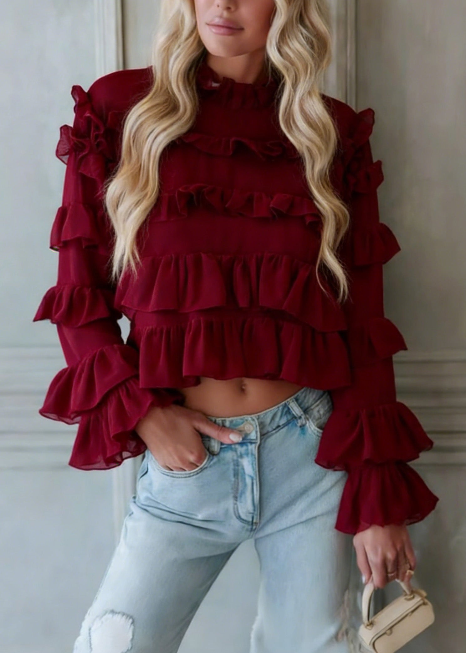 Fashion Red Ruffled Patchwork Chiffon Blouse Top Spring - Omychic