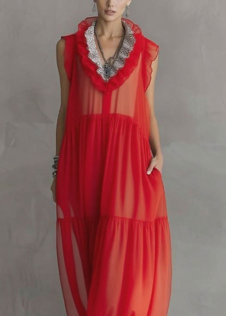 Fashion Red Ruffled Patchwork Chiffon Long Dress Sleeveless