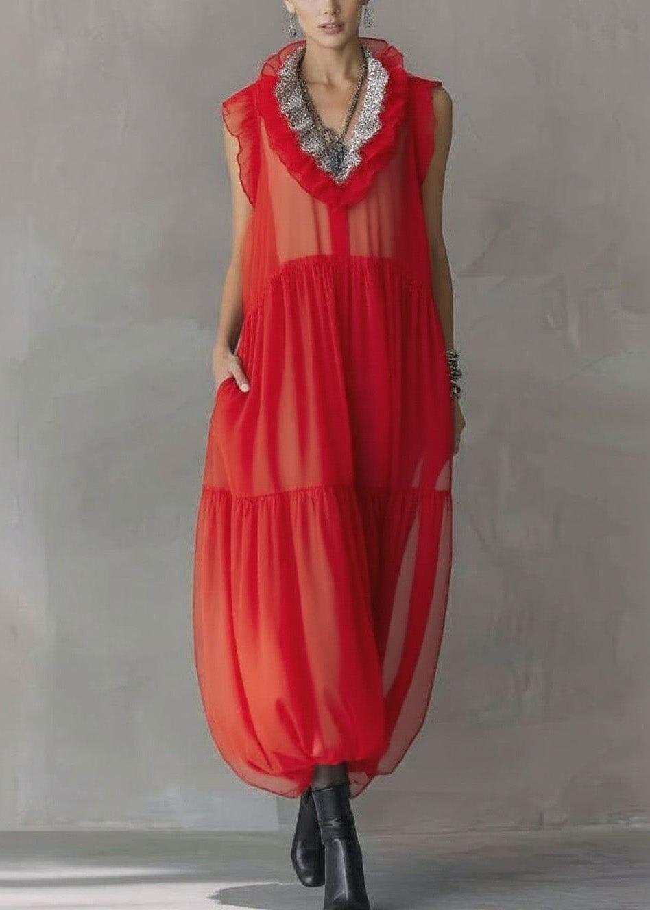 Fashion Red Ruffled Patchwork Chiffon Long Dress Sleeveless
