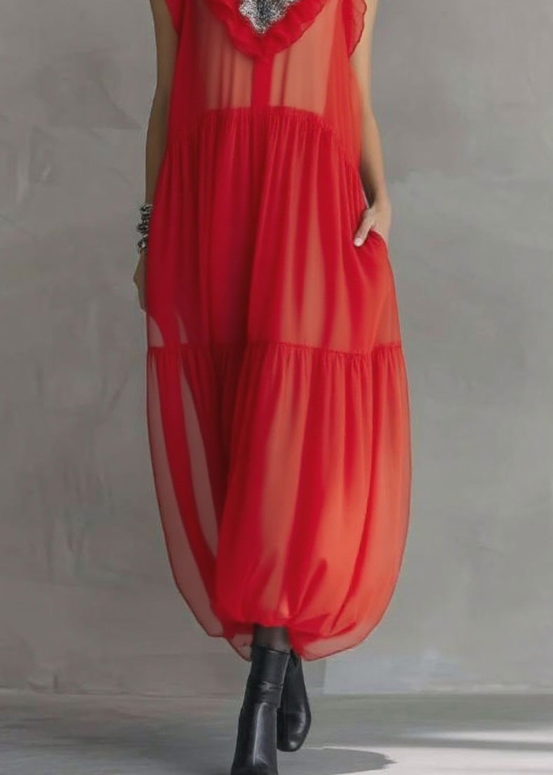 Fashion Red Ruffled Patchwork Chiffon Long Dress Sleeveless