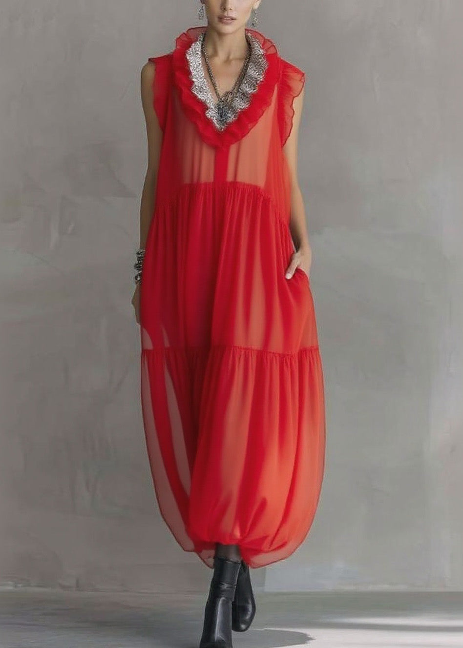 Fashion Red Ruffled Patchwork Chiffon Long Dress Sleeveless