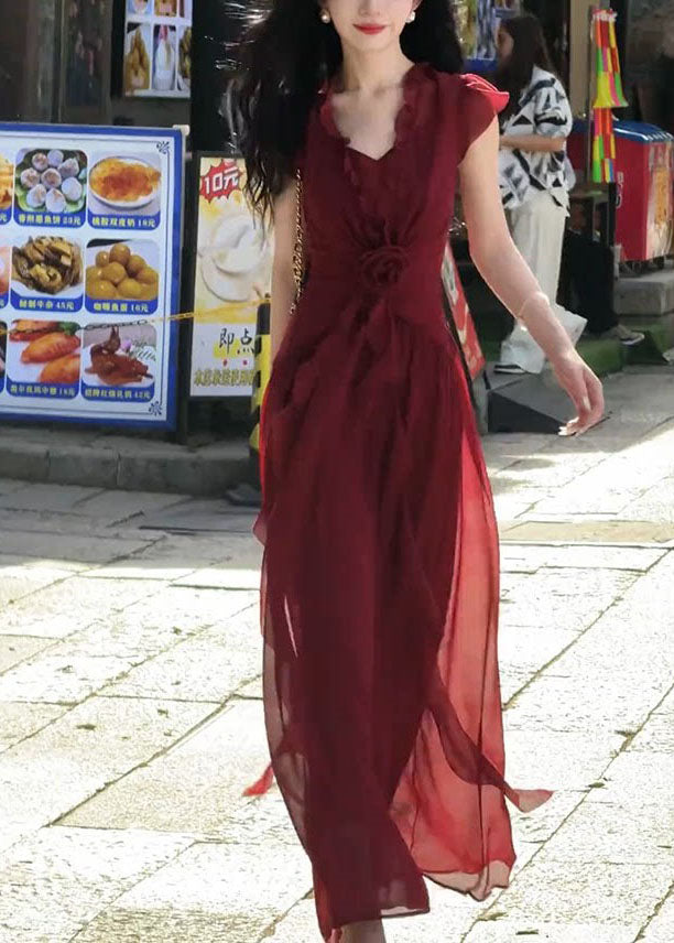 Fashion Red Ruffled Patchwork Chiffon Maxi Dresses Summer