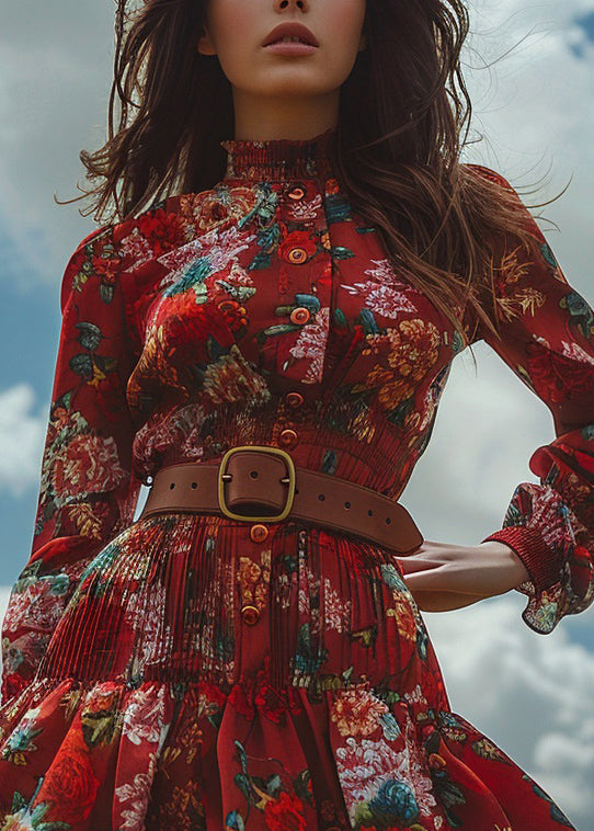 Fashion Red Ruffled Print Button Cotton Mini Dress Long Sleeve
