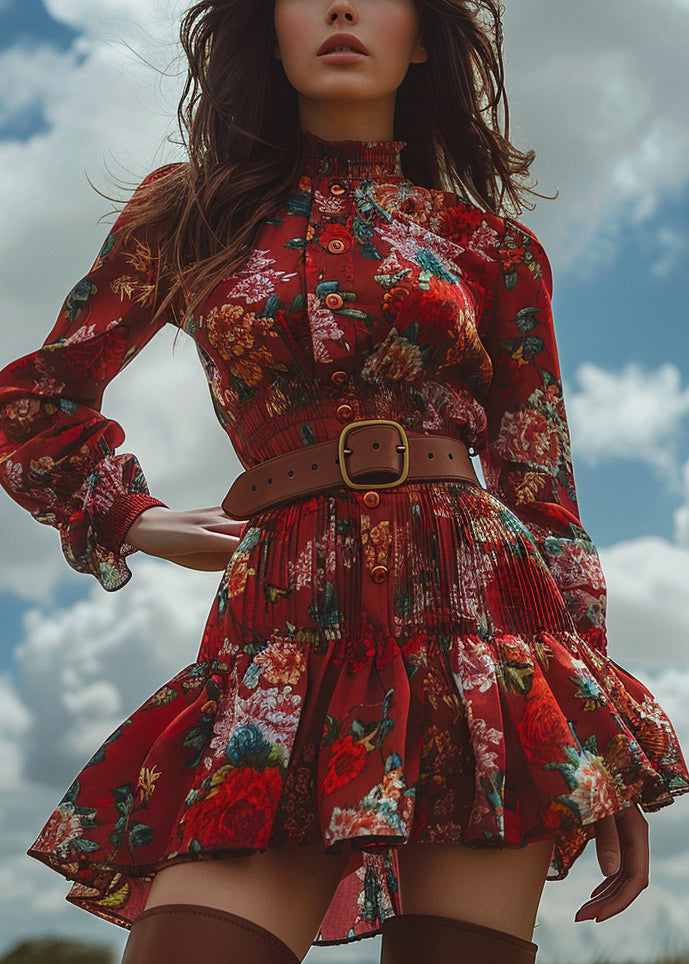 Fashion Red Ruffled Print Button Cotton Mini Dress Long Sleeve