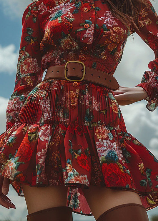 Fashion Red Ruffled Print Button Cotton Mini Dress Long Sleeve