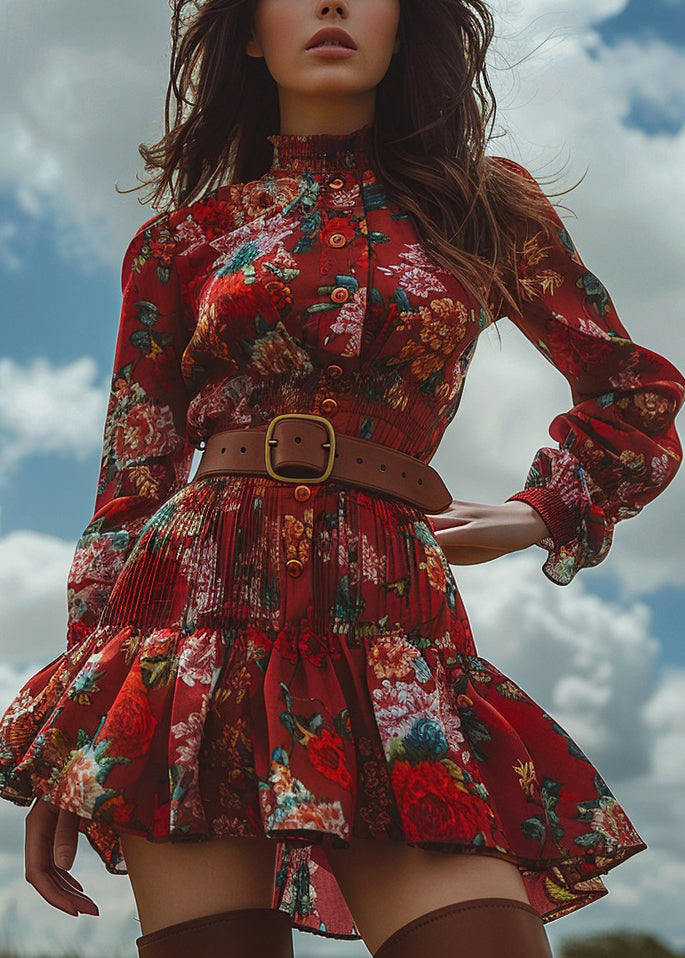 Fashion Red Ruffled Print Button Cotton Mini Dress Long Sleeve