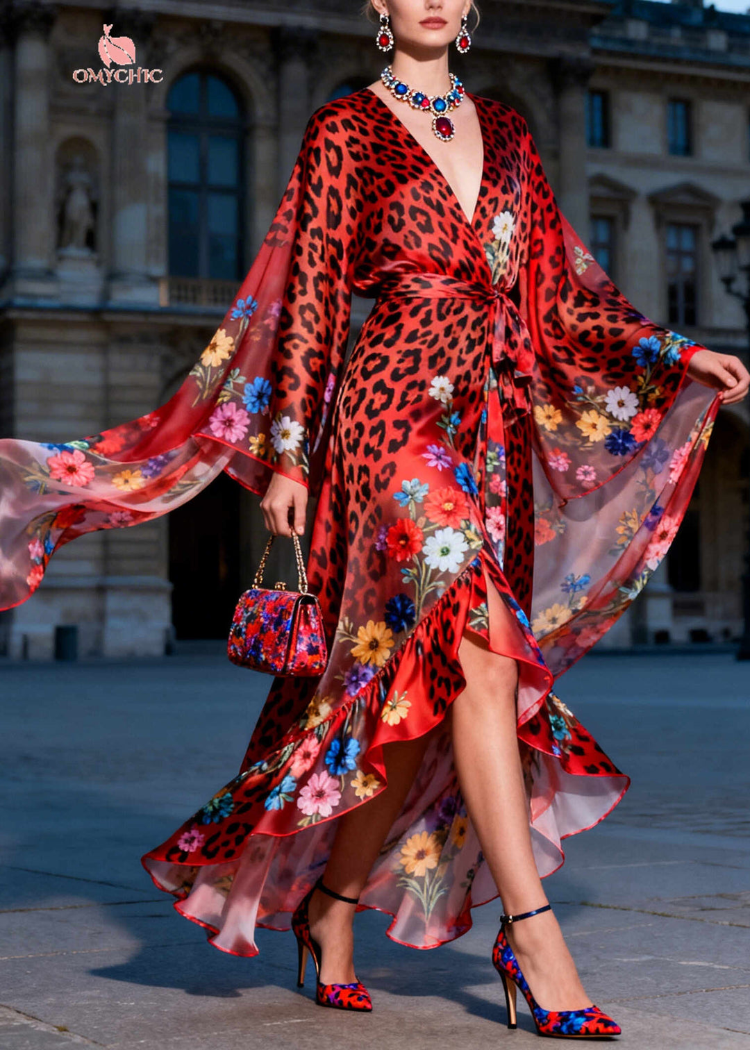 Fashion Red Ruffled Print Chiffon Maxi Dresses Summer