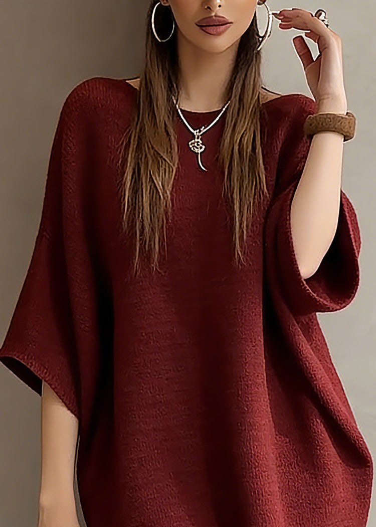 Fashion Red Slash Neck Knit Sweater Dress Batwing Sleeve - Omychic