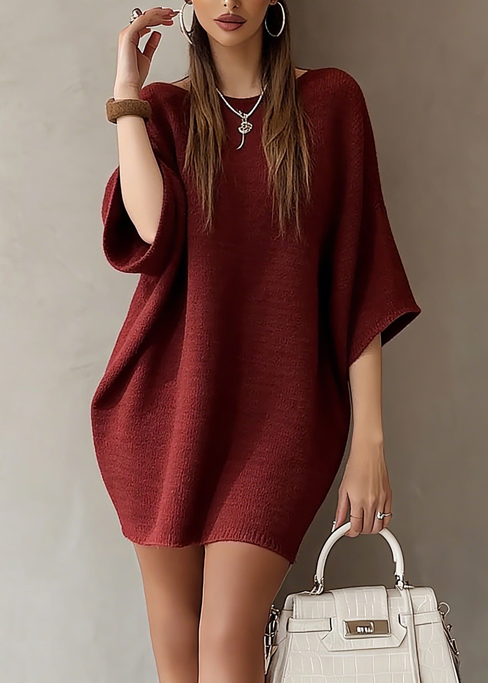 Fashion Red Slash Neck Knit Sweater Dress Batwing Sleeve - Omychic