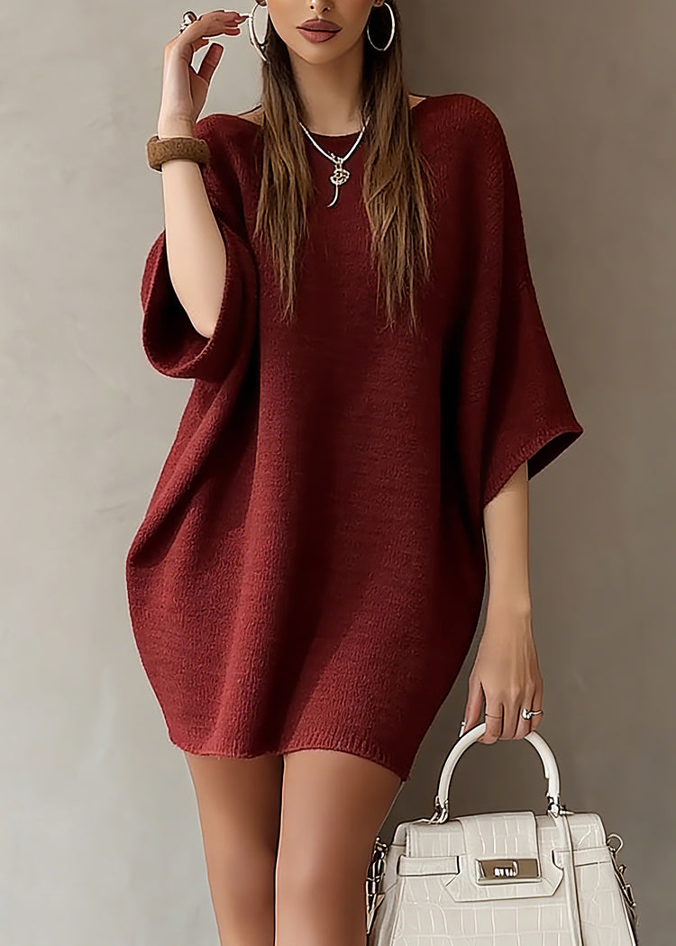 Fashion Red Slash Neck Knit Sweater Dress Batwing Sleeve - Omychic