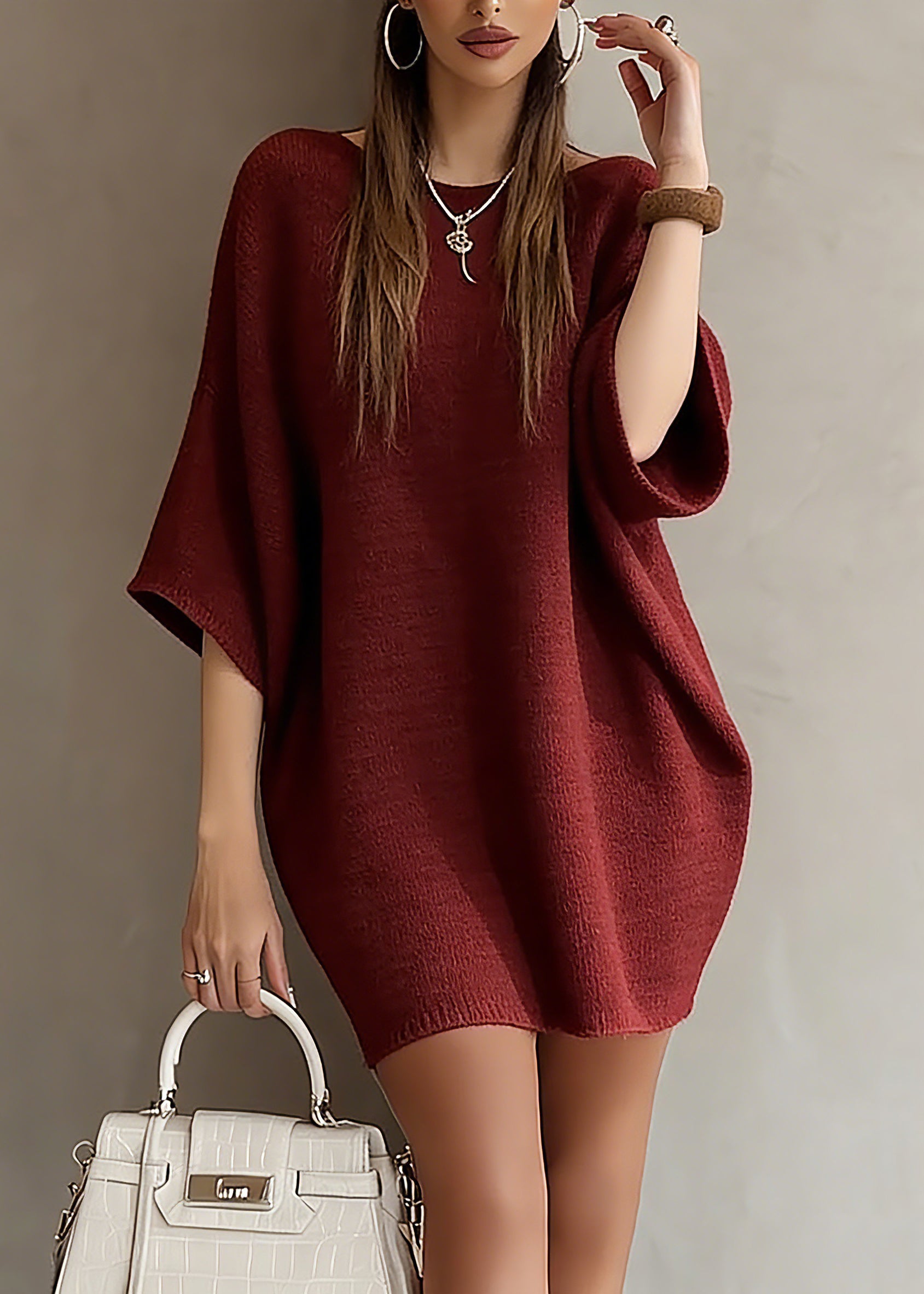 Fashion Red Slash Neck Knit Sweater Dress Batwing Sleeve - Omychic