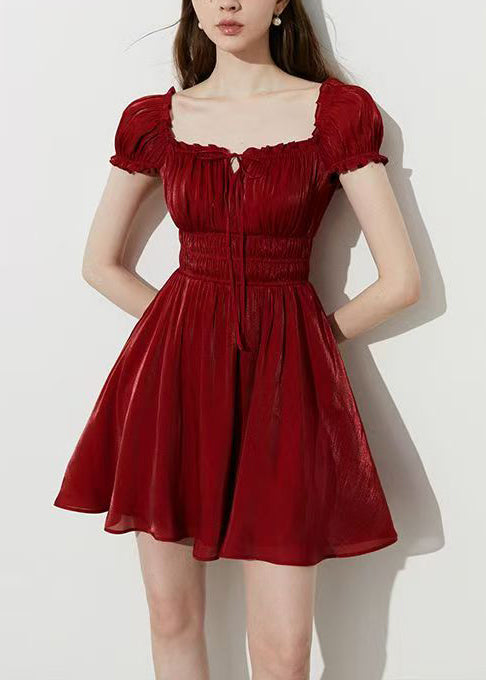 Fashion Red Square Collar Wrinkled Silk Mini Dress Summer