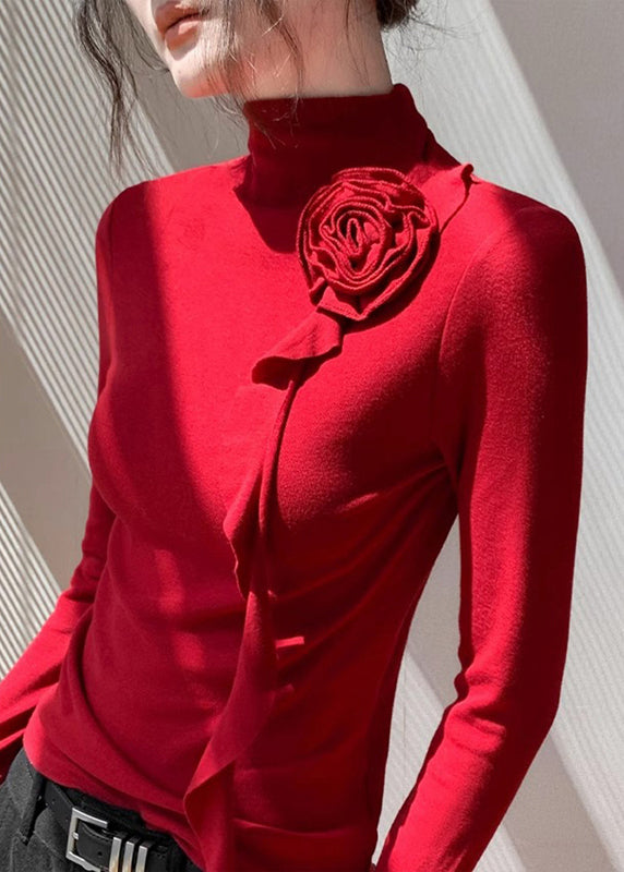 Fashion Red Stand Collar Floral Decorated Cotton Shirt Tops Spring