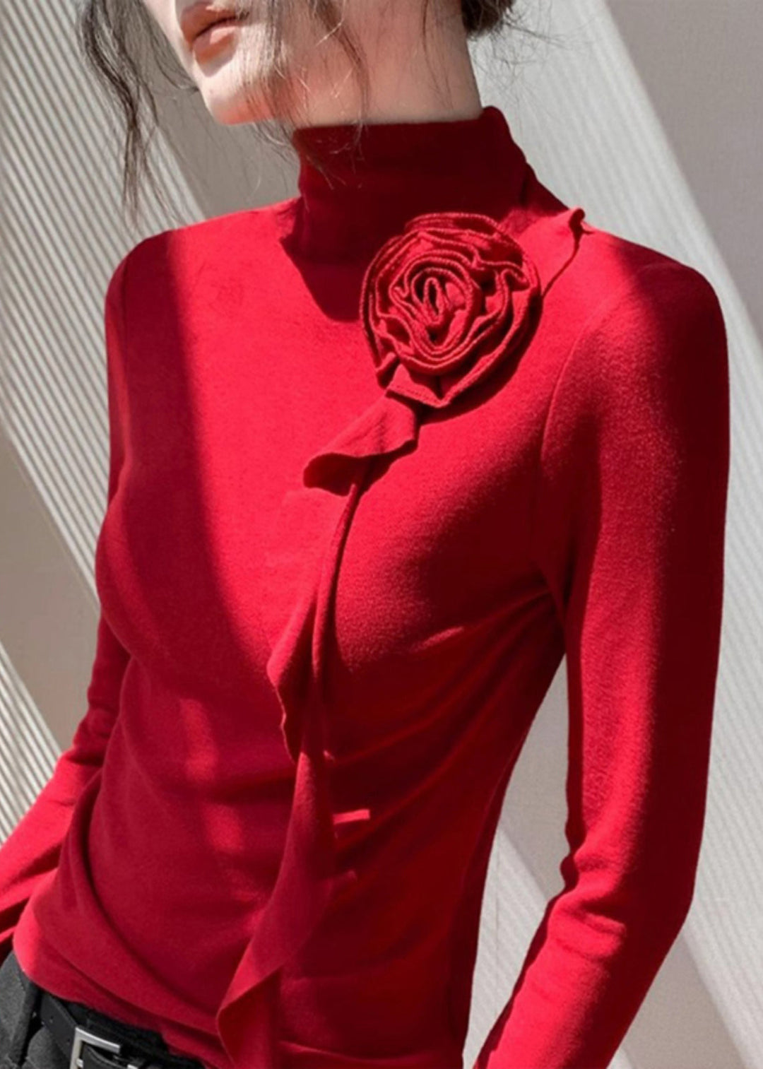 Fashion Red Stand Collar Floral Decorated Cotton Shirt Tops Spring