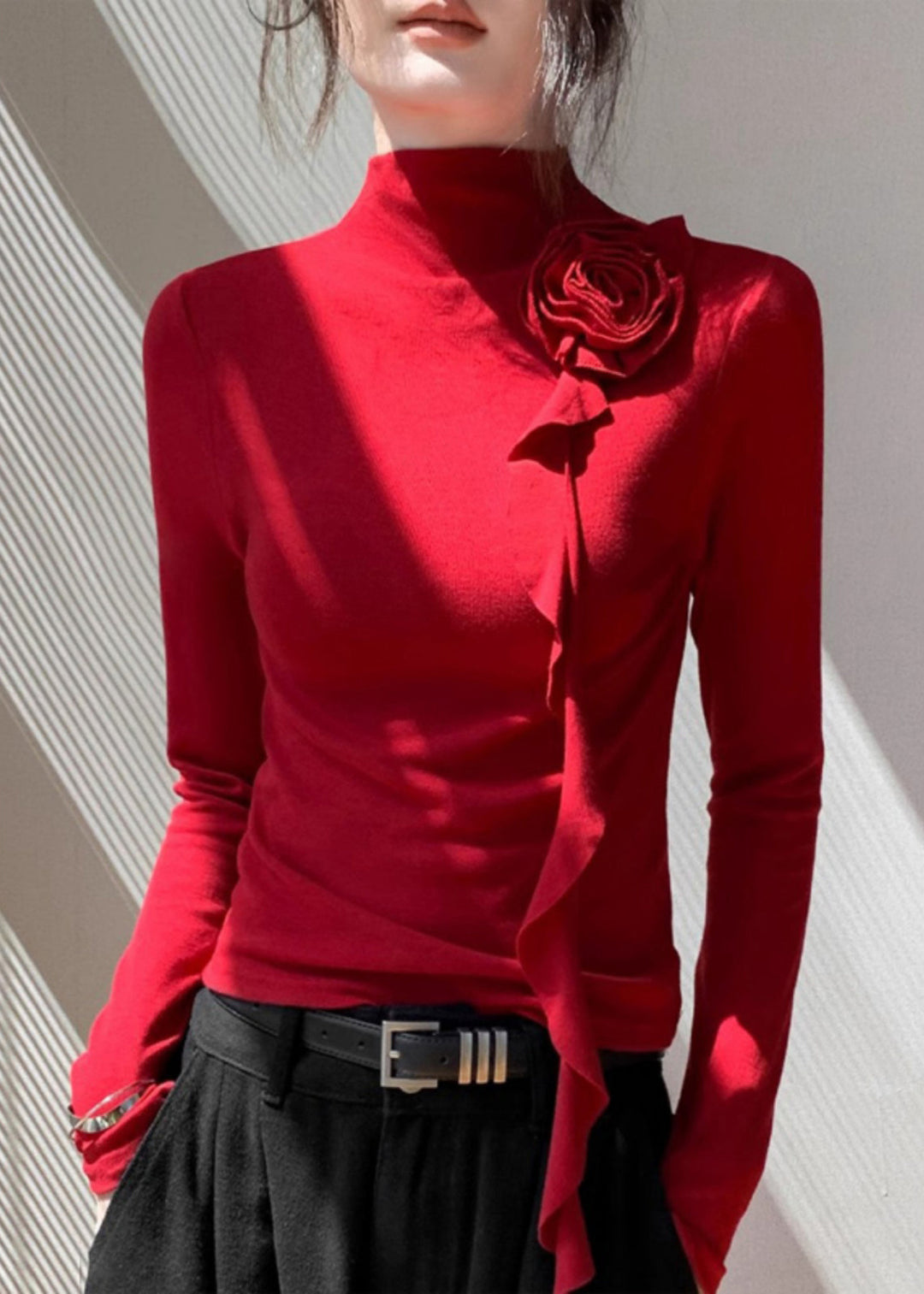 Fashion Red Stand Collar Floral Decorated Cotton Shirt Tops Spring