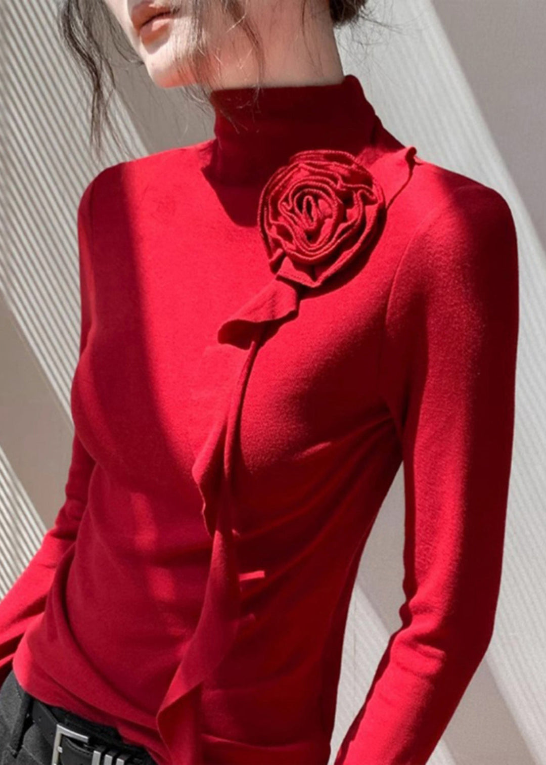 Fashion Red Stand Collar Floral Decorated Cotton Shirt Tops Spring