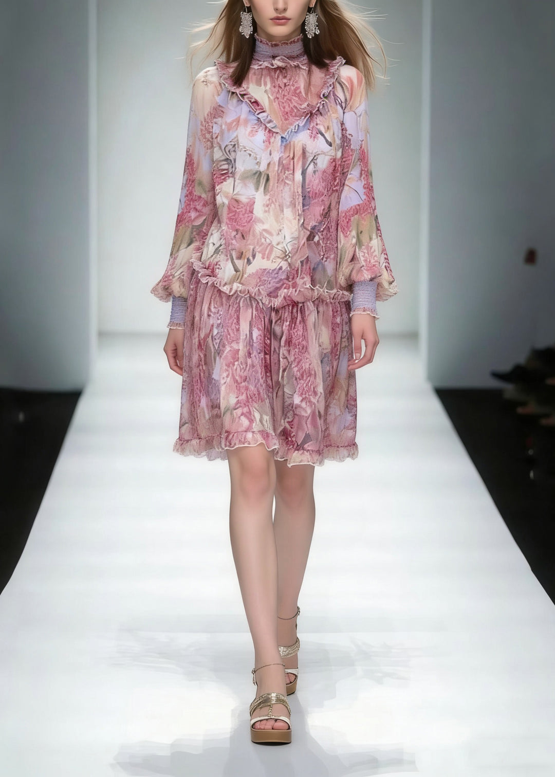 Fashion Red Stand Collar Ruffled Print Chiffon Dress Long Sleeve