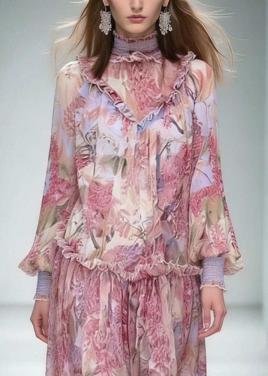 Fashion Red Stand Collar Ruffled Print Chiffon Dress Long Sleeve