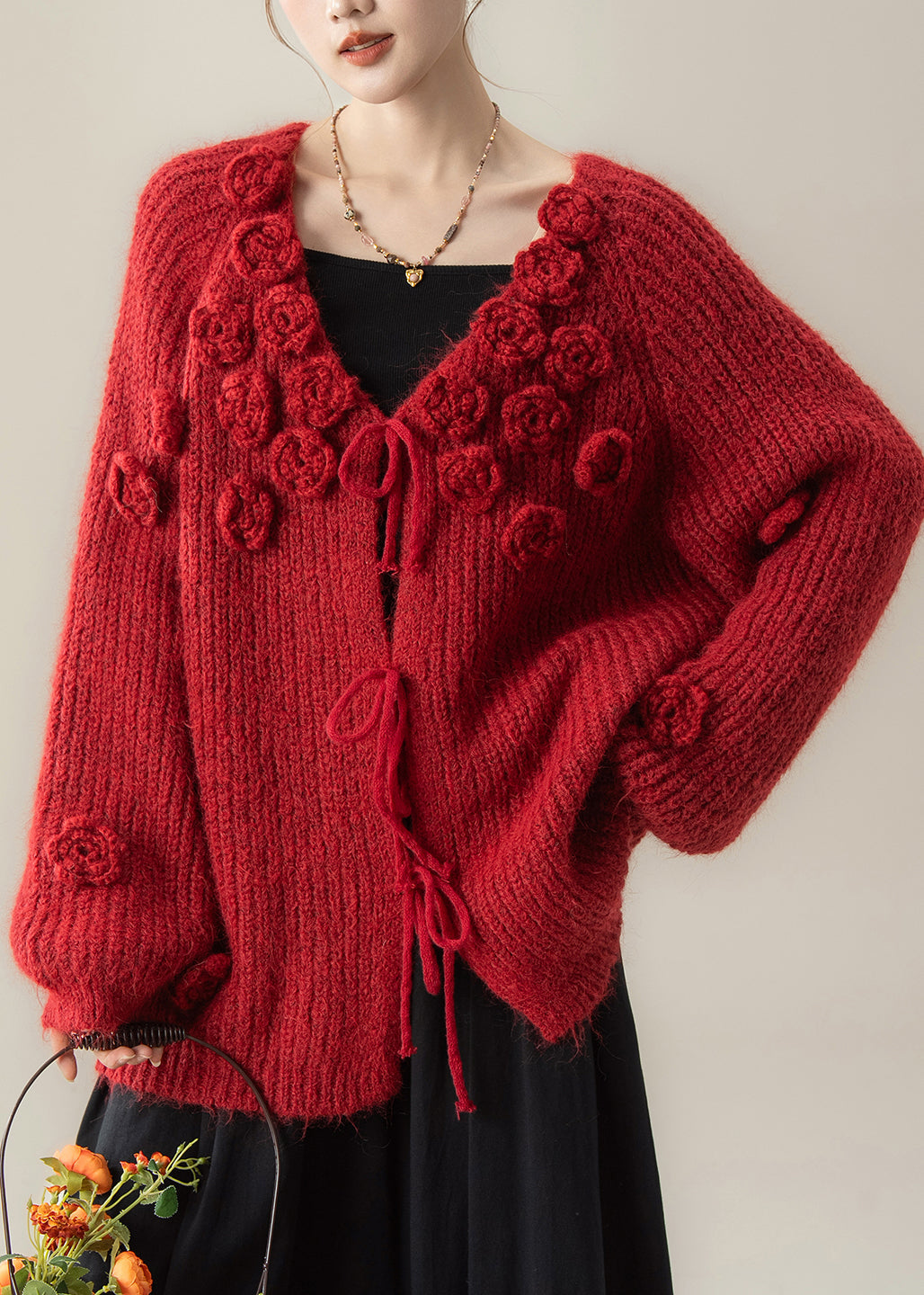 Fashion Red V Neck Floral Knit Sweaters And Skirts Two Piece Set Winter